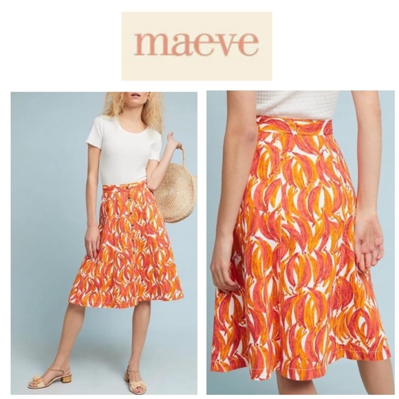 Maeve by Anthropologie Button up Banana Grove Denim Midi A-Line Skirt Orange 4 - Picture 1 of 13